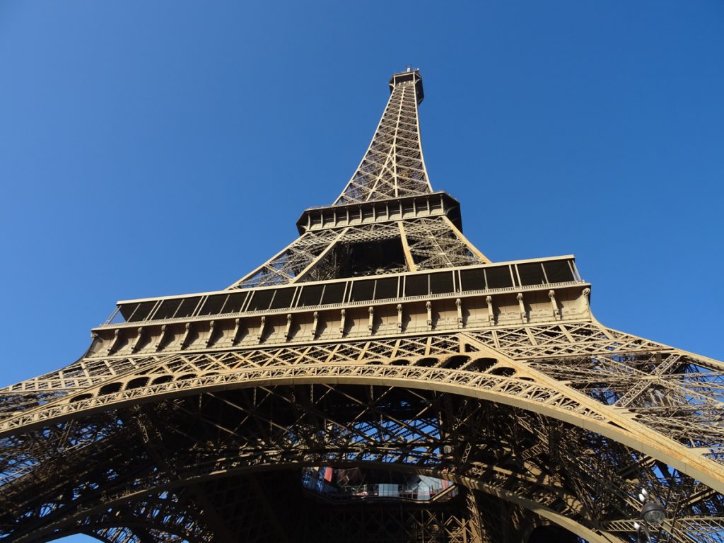 Standing below the Eiffel tower