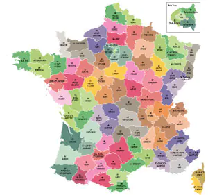 Departments map with names of France