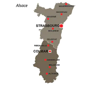 Map of the major towns and cites in Alsace