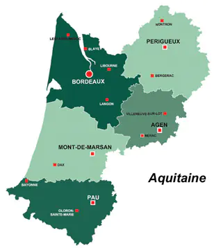 Map of the major towns and cites in Aquitaine