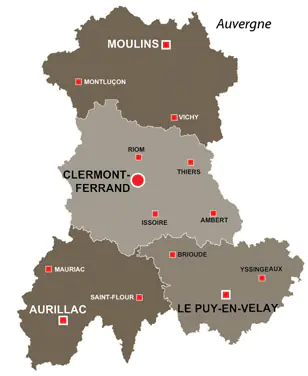 Map of the major towns and cites in Auvergne