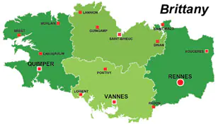 Map of the major towns and cites in Brittany