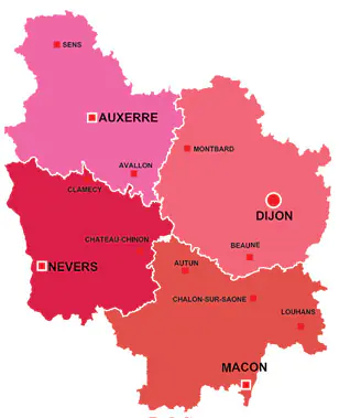 Map of the major towns and cites in Burgundy