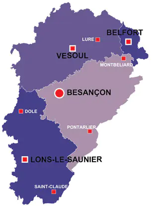 Map of the major towns and cites in Franche-comte