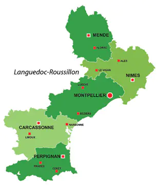Map of the major towns and cites in Languedoc-Roussillon