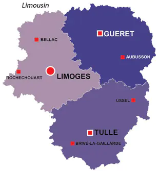 Map of the major towns and cites in Limousin