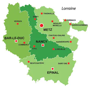 Map of the major towns and cites in Lorraine