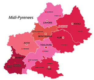 Map of the major towns and cites in Midi-Pyrenees