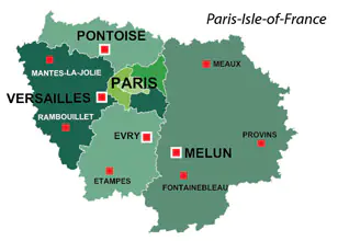 Map of the major towns and cites in Paris-Isle-of-France