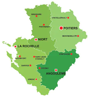 Map of the major towns and cites in Poitou-Charentes