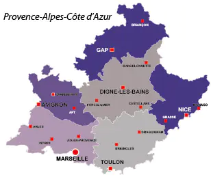 Map of the major towns and cites in Provence-Alpes-Azur