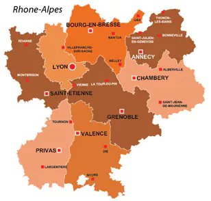 Map of the major towns and cites in Rhone-Alpes