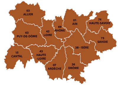 The departments in  Auvergne-Rhône-Alpes